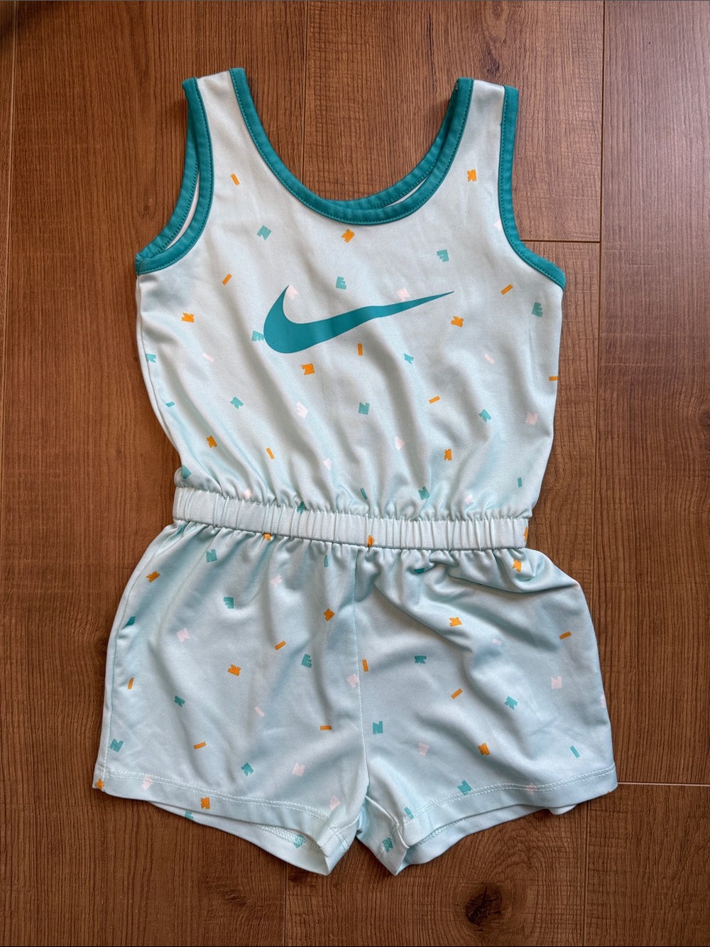 Nike Teal & White Girls' Graphic Tank Romper with Orange Accents